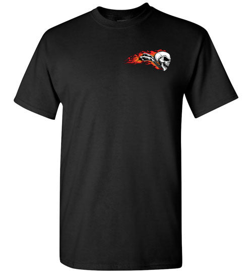 Close-up of bold biker graphic print on motorcycle t-shirt, durable cotton fabric